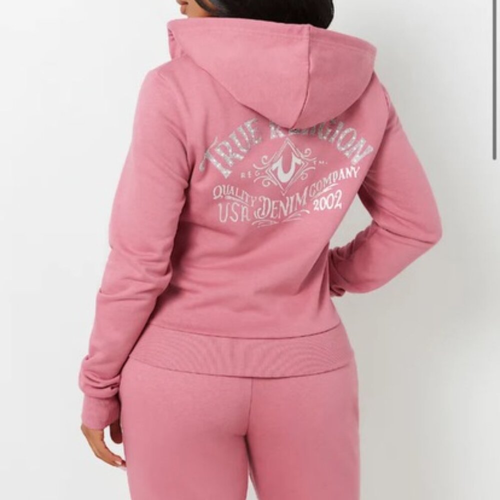 Women's Pink Bedazzled "Crystal Metallic" True Religion Zip Up Hoodie